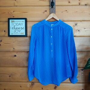J Crew Blue Sheer Swiss Dot Popover Button Blouse Preppy Pleated Top E8569 Sz XS